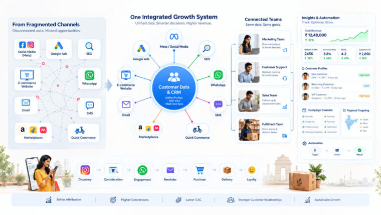 Omnichannel marketing integration framework connecting D2C channels, customer data and teams