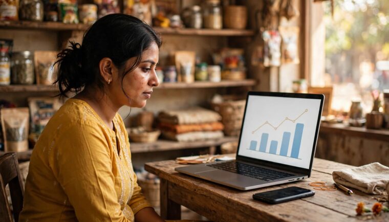Indian small business owner reviewing Facebook and Google Ads campaign performance on a laptop