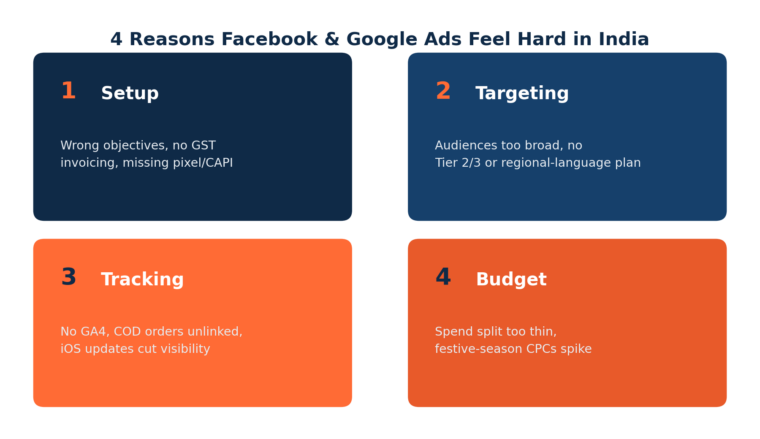Diagram of four reasons Facebook and Google Ads feel hard for small businesses in India: setup, targeting, tracking, budget