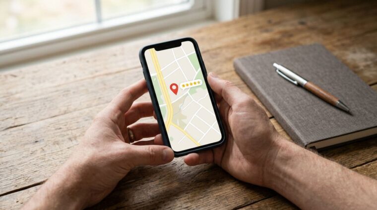 Smartphone showing a local map and customer reviews for Google Business Profile optimization