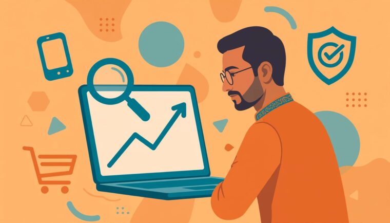 Indian e-commerce business owner reviewing SEO performance and organic traffic on a laptop