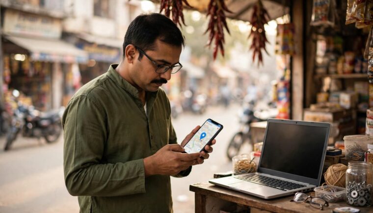 Indian shop owner checking Google Business Profile and local SEO performance on a smartphone