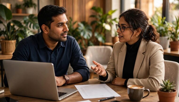 Business owner and SEO professional reviewing an SEO agency checklist or SEO services beside a laptop