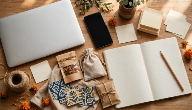 Small Indian brand's planning desk with laptop, notebook and handmade packaging for marketing strategy