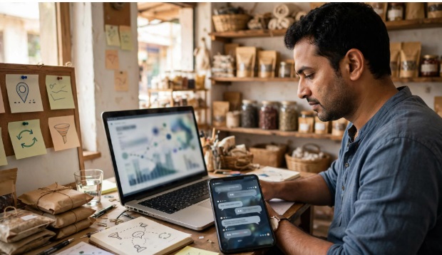 Small business owner reviewing website analytics and marketing funnel data on laptop and phone
