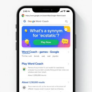 Google Search results showing Google Word Coach quiz card