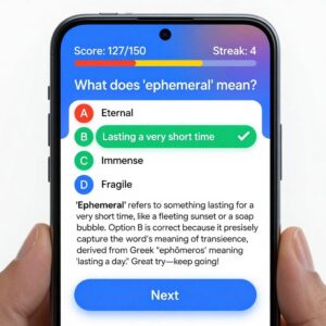 Google Word Coach feedback screen showing correct answer explanation